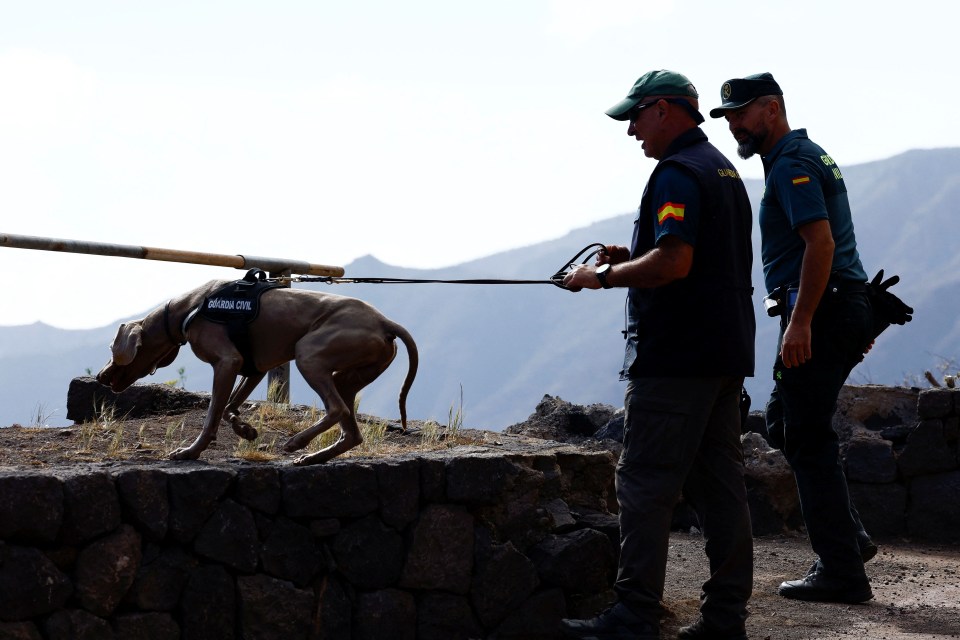 a man in a guardia civil vest holds a dog on a leash