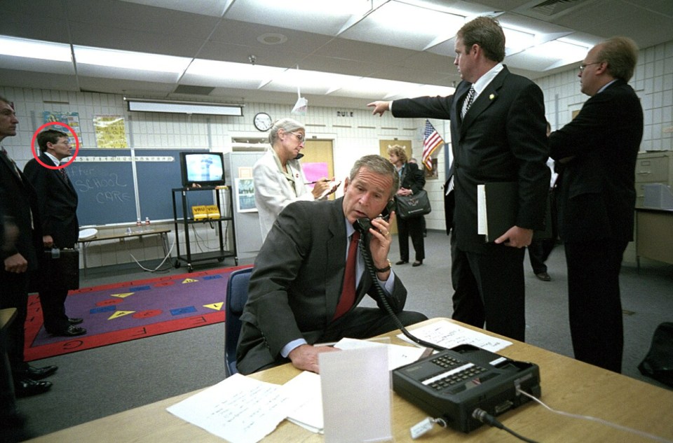 Michael Morell, left, watching the news in the moments after the 9/11 attack hit