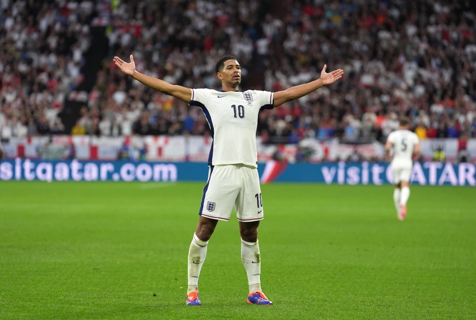 Bellingham celebrated the goal with his trademark gesture - arms stretched wide apart