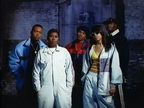 Missy alongside Timbaland (left), Ginuwine and late artists Aaliyah and Magoo (right)