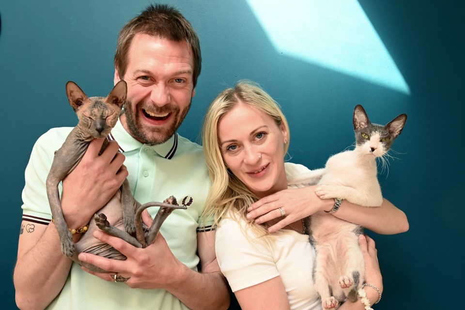 Meighan and wife Vikki were seen cuddling cats in a bizarre photoshoot