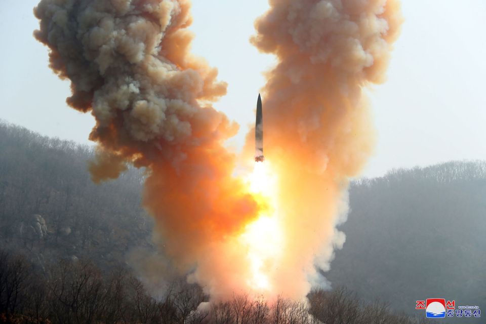 This picture taken on March 19, 2023 and released by North Korea's official Korean Central News Agency (KCNA) on March 20, 2023 shows a warhead missile launch exercise simulating a tactical nuclear attack in Cholsan county, North Pyongan Province. - North Korean leader Kim Jong Un led two days of military drills "simulating a nuclear counterattack", including the firing of a ballistic missile carrying a mock nuclear warhead, state news agency KCNA reported on March 20. (Photo by KCNA VIA KNS / AFP) / South Korea OUT / ---EDITORS NOTE--- RESTRICTED TO EDITORIAL USE - MANDATORY CREDIT "AFP PHOTO/KCNA VIA KNS" - NO MARKETING NO ADVERTISING CAMPAIGNS - DISTRIBUTED AS A SERVICE TO CLIENTS / THIS PICTURE WAS MADE AVAILABLE BY A THIRD PARTY. AFP CAN NOT INDEPENDENTLY VERIFY THE AUTHENTICITY, LOCATION, DATE AND CONTENT OF THIS IMAGE --- / (Photo by STR/KCNA VIA KNS/AFP via Getty Images)