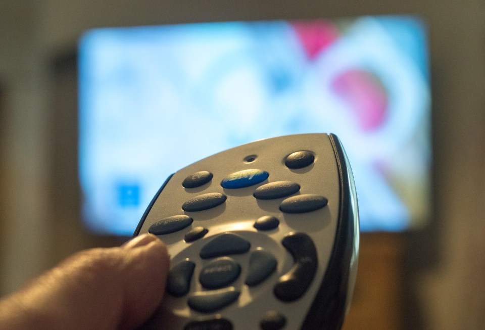 a person is holding a remote control in front of a tv