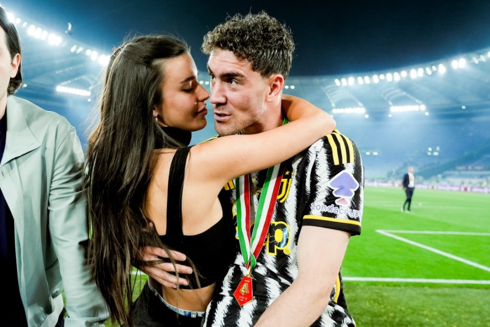 Dusan Vlahovic of Juventus FC celebrates the victory with his girlfriend Vanja Bogdanovic at the end of the Coppa Italia 2023/2024 Frecciarossa final match between Atalanta BC and Juventus FC at Stadio Olimpico on May 15, 2024 in Rome, Italy. (Photo by Giuseppe Maffia/NurPhoto via Getty Images)