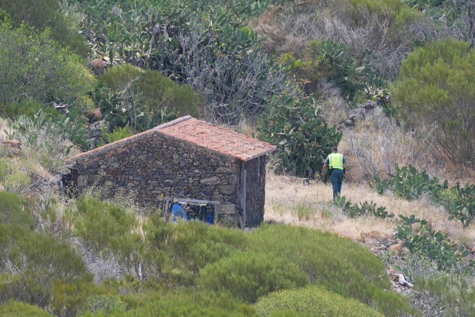 a man in a yellow vest stands in front of a stone building