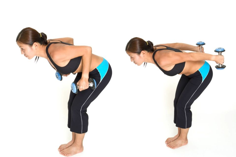 Stand in a flat back position and tuck your arms to your sides before straightening at the elbow