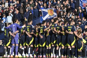  Scotland singing The Flower of Scotland before their international friendly against Finland at Hampden Park on June 7, 2024