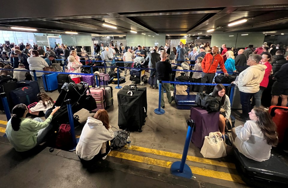 Passengers resorted to sitting on suitcases or concrete while stuck outside the terminals