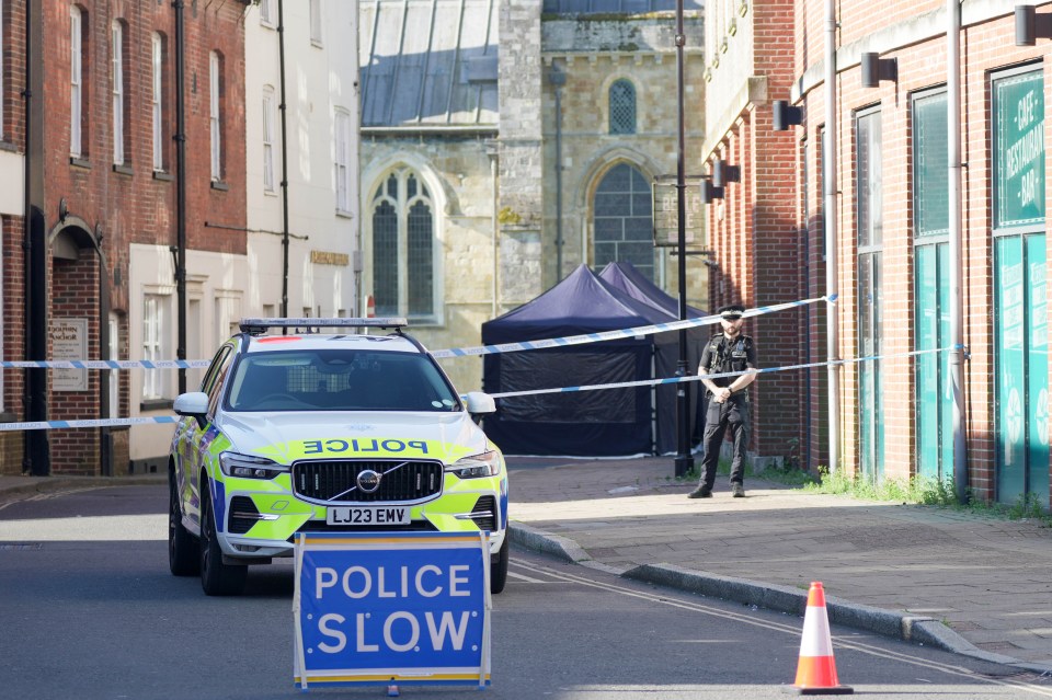 a police car is parked behind a sign that says police slow