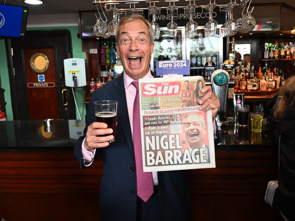 Farage earlier posed with Tuesday’s copy of The Sun at the Moon and Starfish Wetherspoons