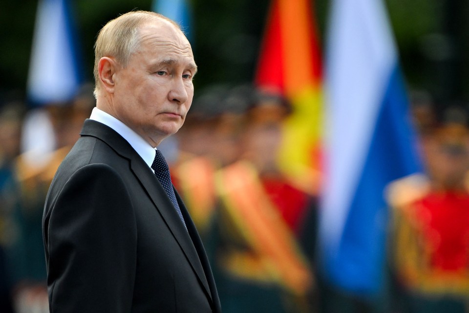 a man in a suit and tie stands in front of flags