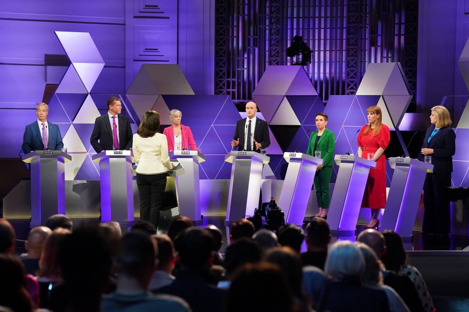 Mishal Husain hosted the debate featuring from left: Nigel Farage, Rhun Ap Iorwerth, Daisy Cooper, Stephen Flynn, Carla Denyer, Angela Rayner and Penny Mordaunt