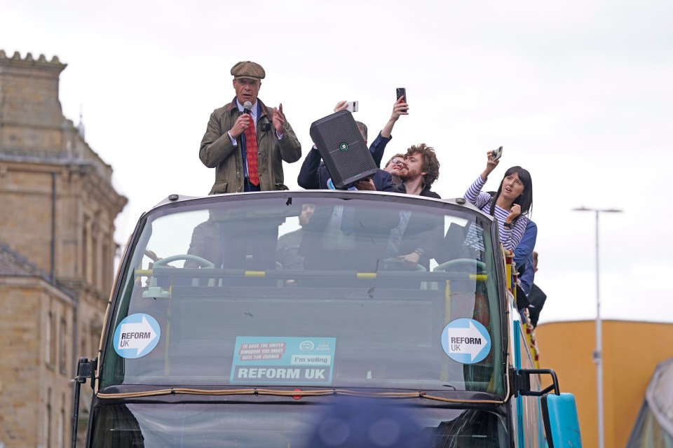 The Reform UK leader was on top of a party battle bus when he was pelted by a yob