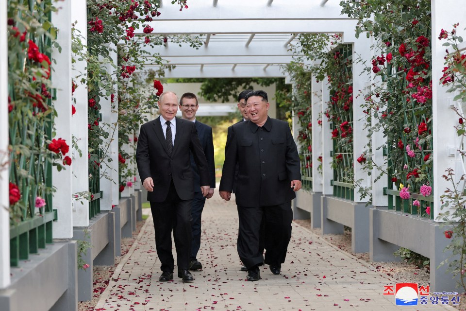 a group of men are walking down a path lined with red roses