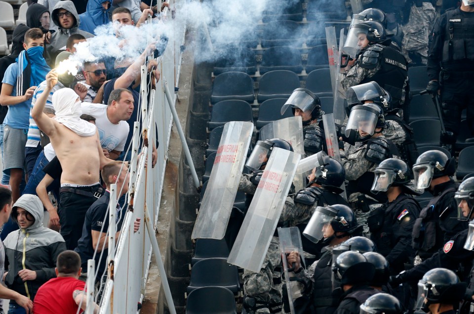 Serbian riot police clash with Red Star football fans in 2017