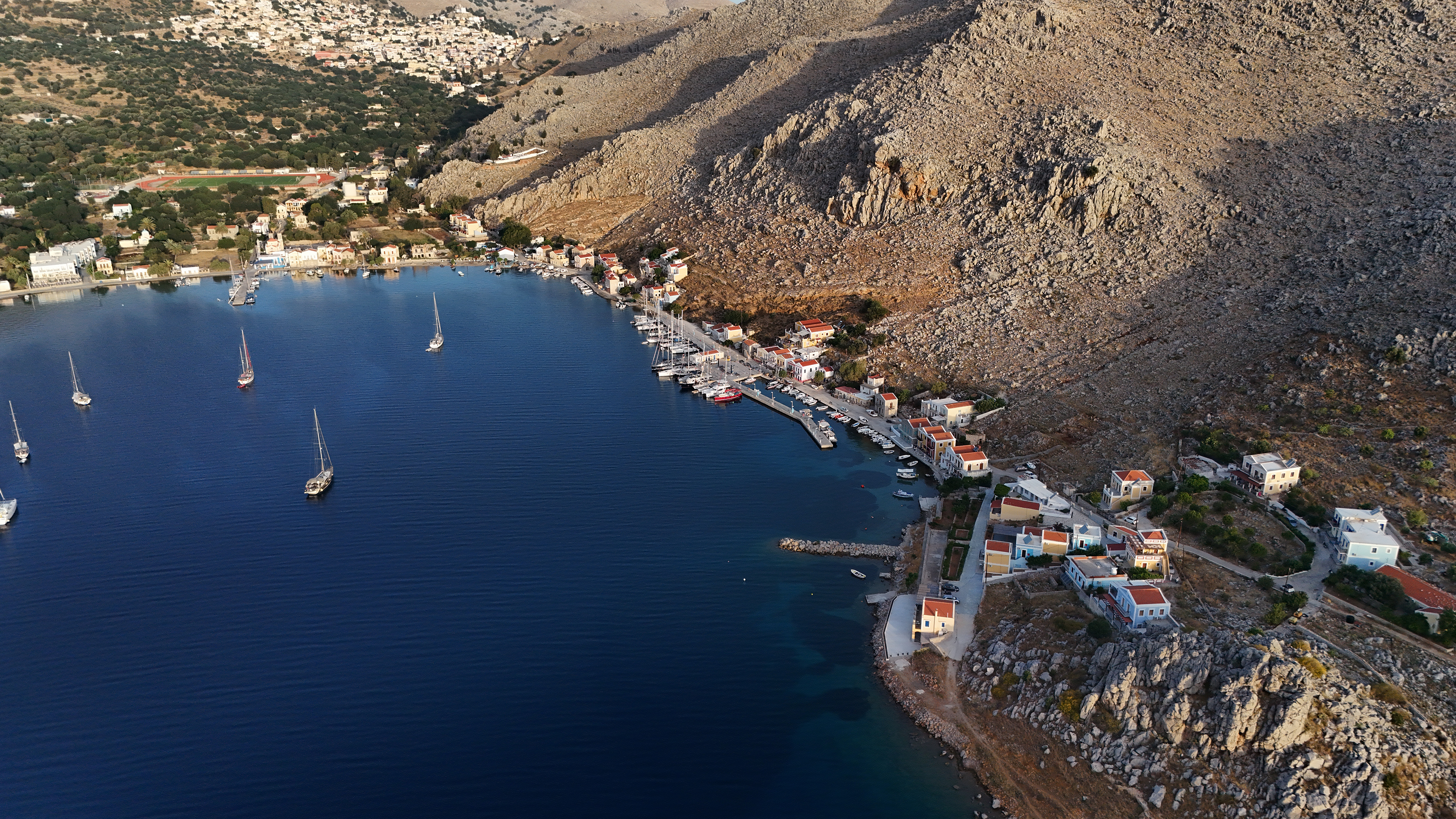 Pedi, a small fishing village in Symi, where a search and rescue operation is underway