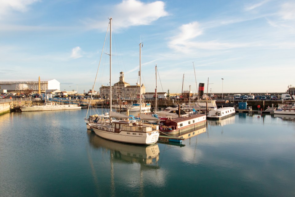 boats are docked in a harbor with a building in the background