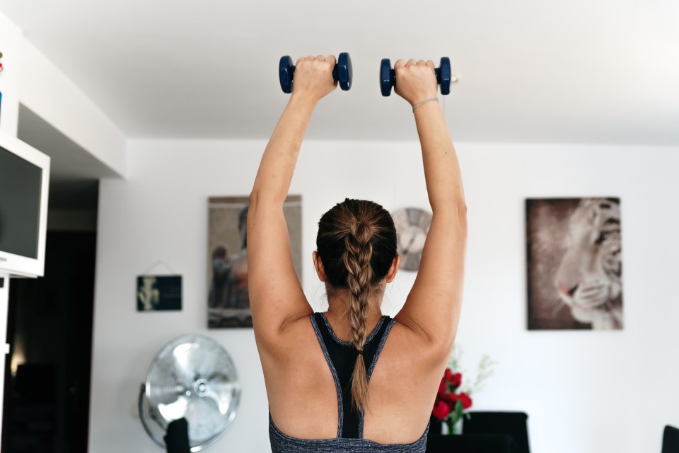 Lift dumbbells above your head and rotate your palms outwards