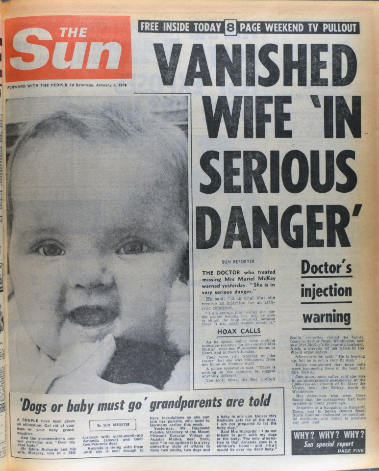 The Sun's front with the headline Vanished wife 'in serious danger'