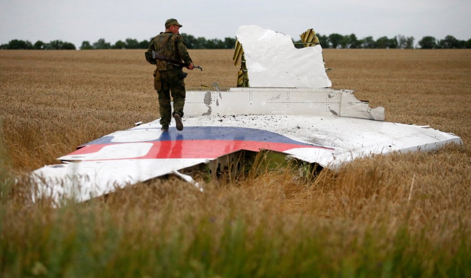 An armed pro-Russian separatist stands on part of the wreckage of the Malaysia Airlines plane