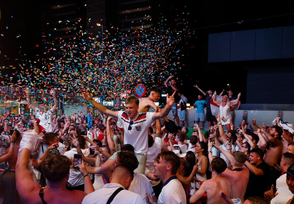 England supporters celebrating the Three Lions’ victory in Benidorm yesterday