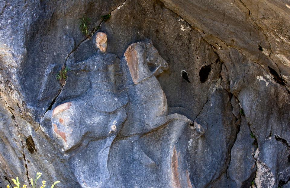 An example of Greek Macedonian sepulchral art showing a warrior riding a horse within the 4th century BC Tomb of Alcetas at Termessos in Turkey.