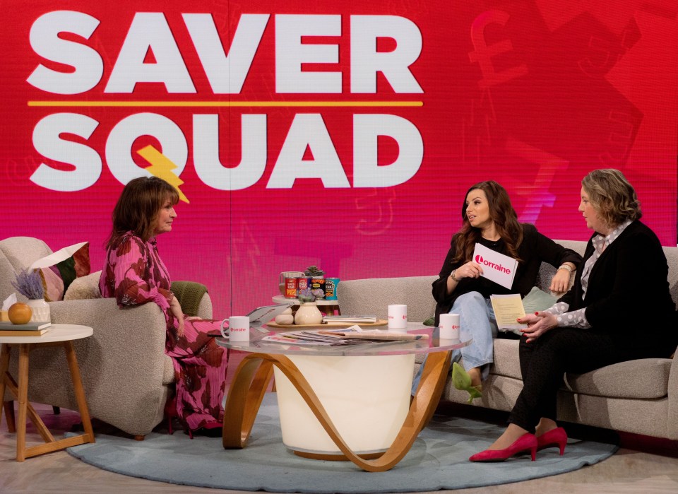 three women sit on a couch in front of a screen that says saver squad