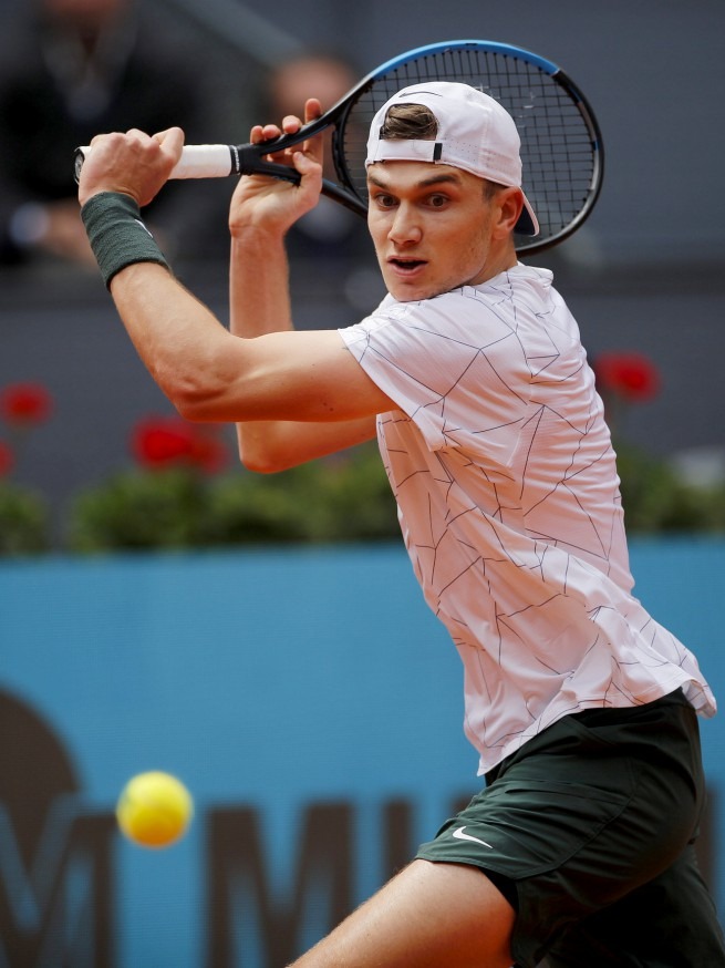 Mandatory Credit: Photo by Ella Ling/REX/Shutterstock (12915020e)..Jack Draper of Great Britain in action..Mutua Madrid Open, Tennis, La Caja Magica, Madrid, Spain - 03 May 2022