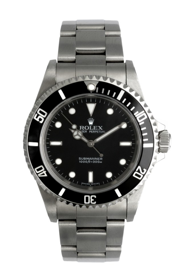 a silver rolex watch with a black face