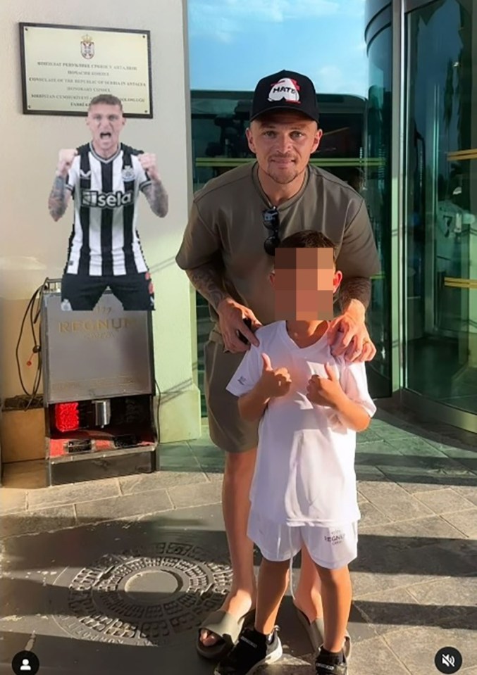 Kieran poses with a young fan in Turkey, and in Newcastle kit, left