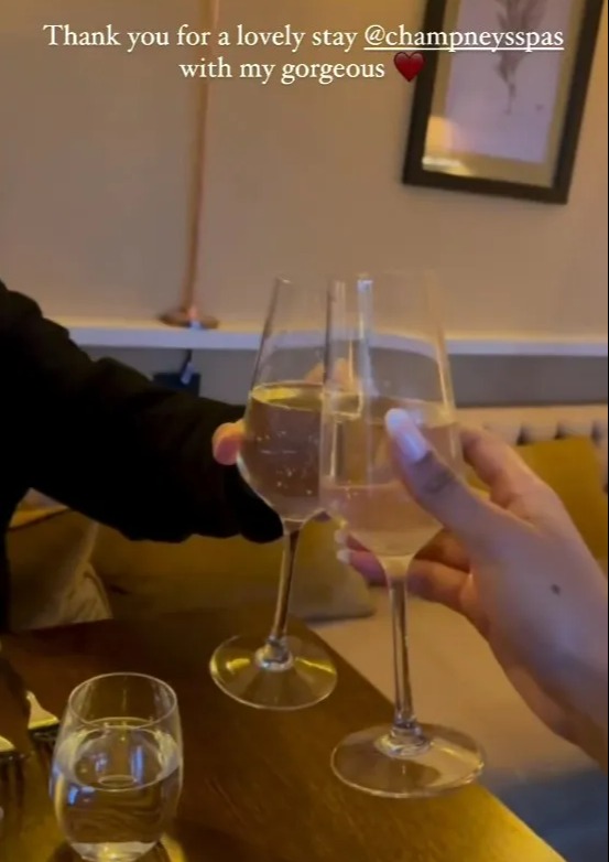 The couple can be seen enjoying a glass of champagne over a romantic dinner