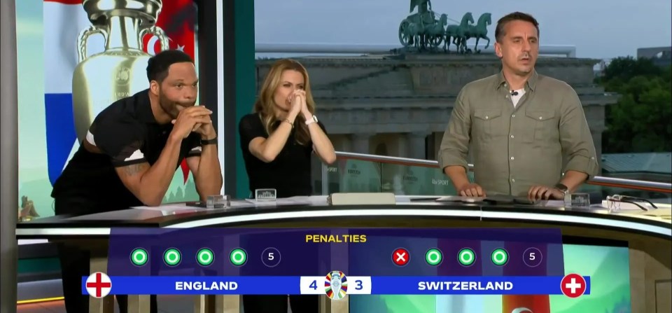 (L-R) ITV pundits Joleon Lescott, Karen Carney and Gary Neville watched the penalties live on air