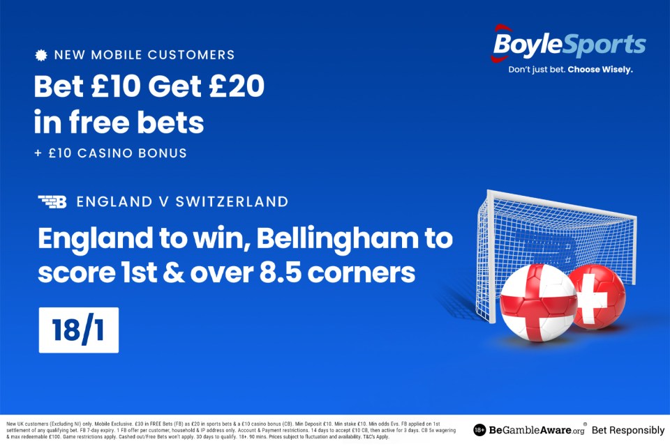 England vs Switzerland: Get £20 in free bets + £10 casino bonus with BoyleSports