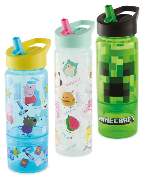 three water bottles with one that says minecraft on it