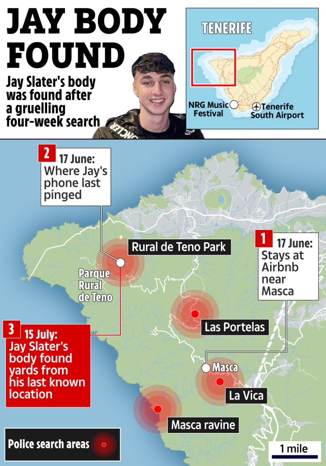 a map showing where jay slater 's body was found