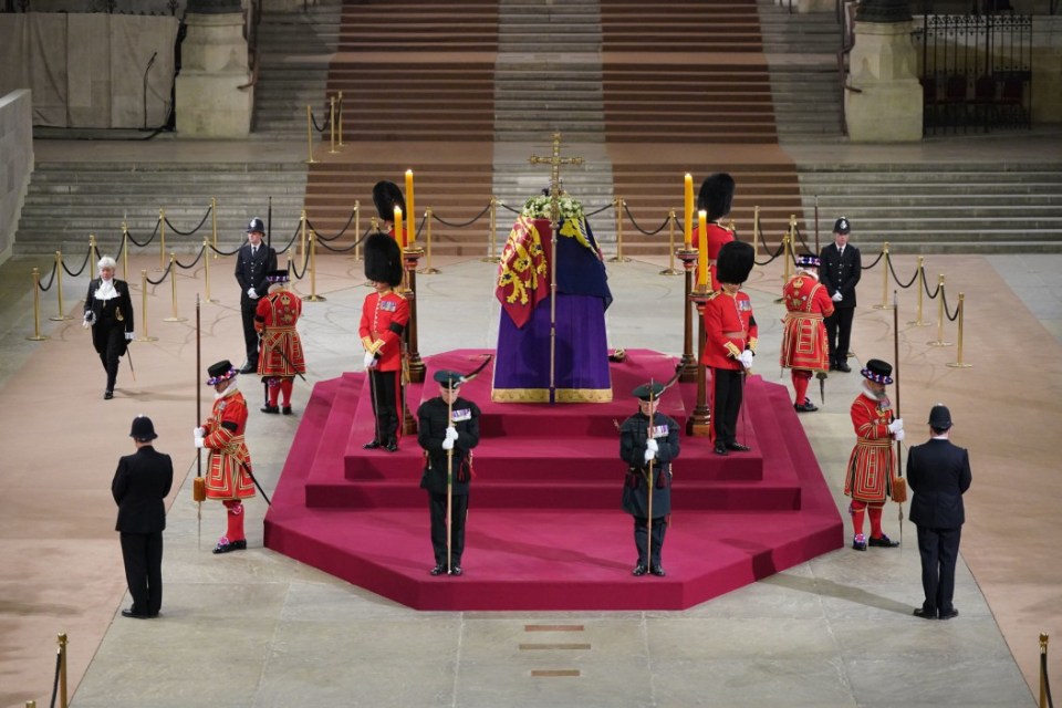 Black Rod walked through Westminster Hall to pay her respects on the final day of the lying in state at the coffin of Queen Elizabeth II