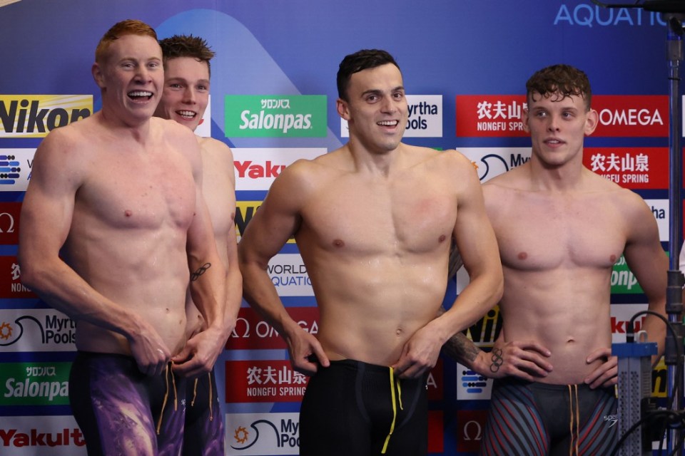 Team GB Gold medallists Tom Dean, James Guy, Matthew Richards and Duncan Scott after winning gold in the Men's 4 x 200m Freestyle Relay at Tokyo 2020