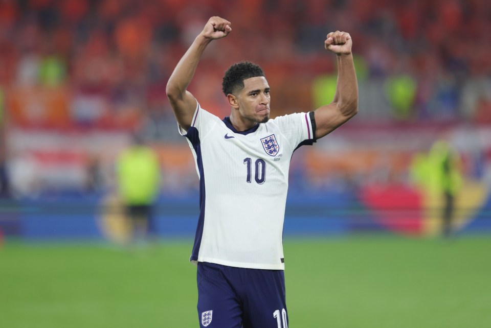 DORTMUND, GERMANY - JULY 10: Jude Bellingham of England celebrates the victory after the UEFA EURO 2024 semi-final match between Netherlands and England at Football Stadium Dortmund on July 10, 2024 in Dortmund, Germany. (Photo by Jürgen Fromme - firo sportphoto/Getty Images)