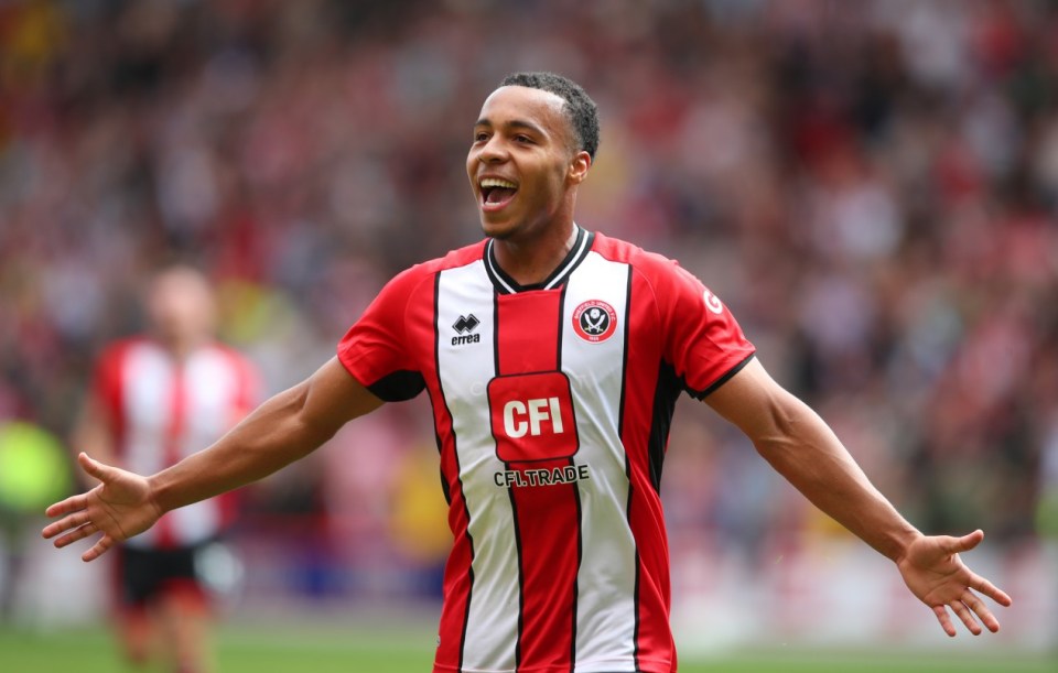 SHEFFIELD, ENGLAND - SEPTEMBER 2: Cameron Archer of Sheffield United celebrates scoring his and United's second goal (2-1) during the Premier League match between Sheffield United and Everton FC at Bramall Lane on September 2, 2023 in Sheffield, United Kingdom. (Photo by SportImage/Sheffield United FC via Getty Images)