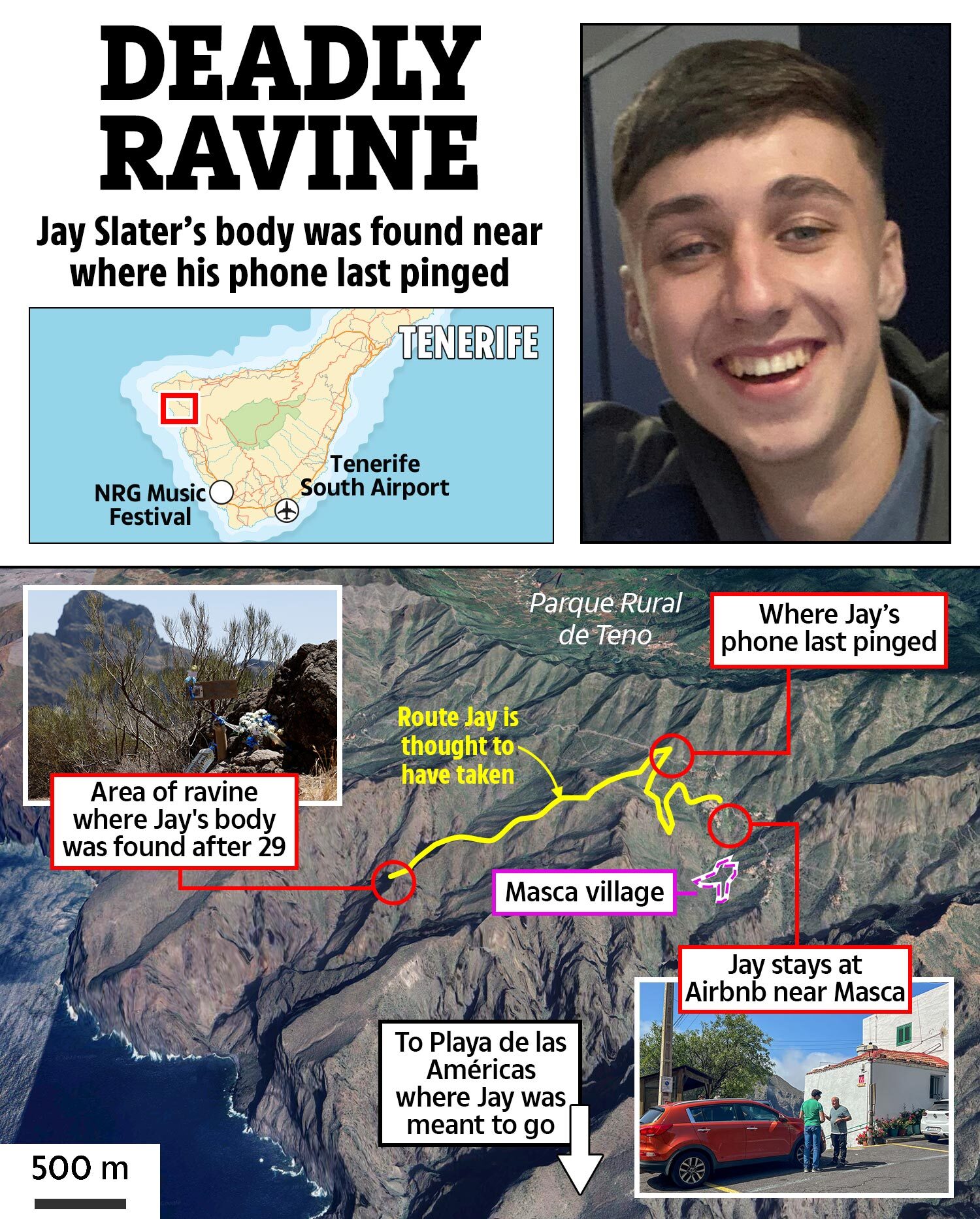 an advertisement for deadly ravine shows where jay slater 's body was found near where his phone last pinged