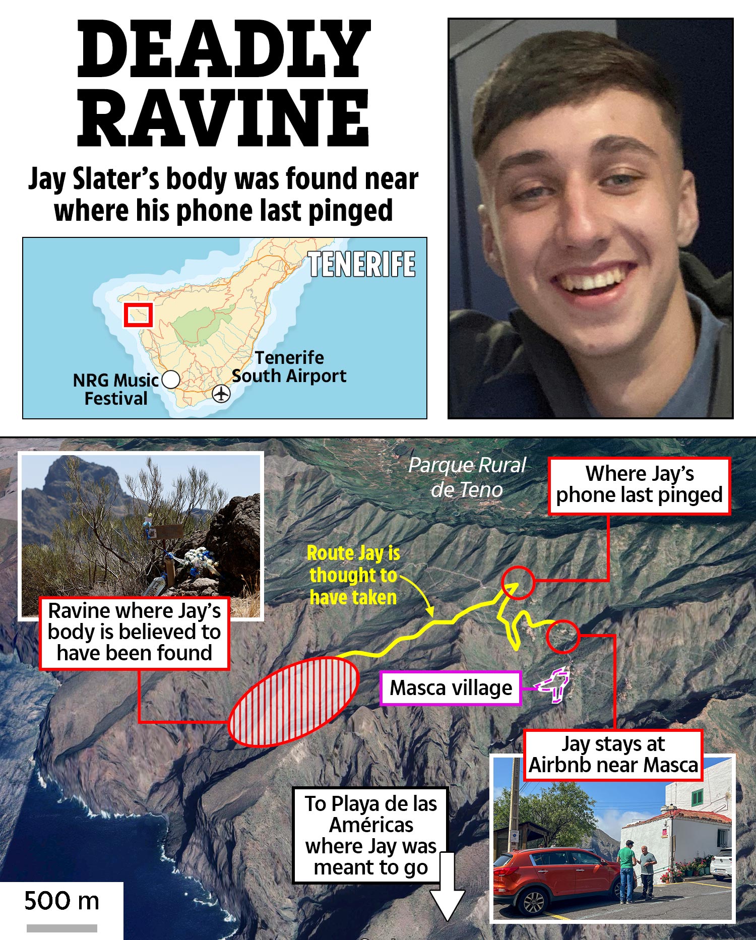 an advertisement for deadly ravine shows where jay slater 's body was found near where his phone last pinged