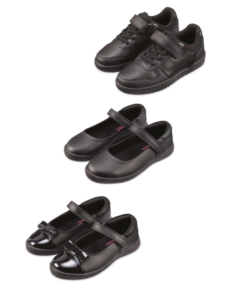 three different pairs of black shoes are stacked on top of each other