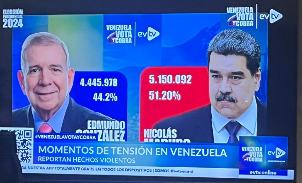 a tv screen shows edmundo zalez and nicolas maduro