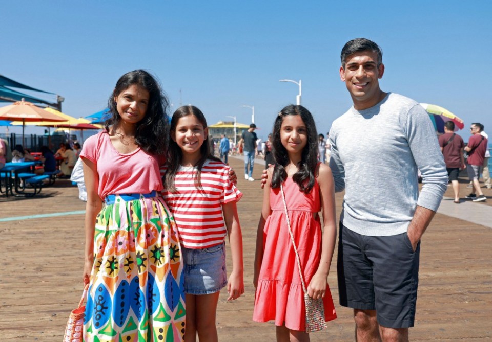 Britain's Prime Minister Rishi Sunak, with his wife Akshata Murty and children Krishna (2L) and Anoushka (2R), pose for a photograph whilst on holiday, at Santa Monica Pier in Santa Monica, California on August 3, 2023. (Photo by Emma McIntyre / POOL / AFP) (Photo by EMMA MCINTYRE/POOL/AFP via Getty Images)