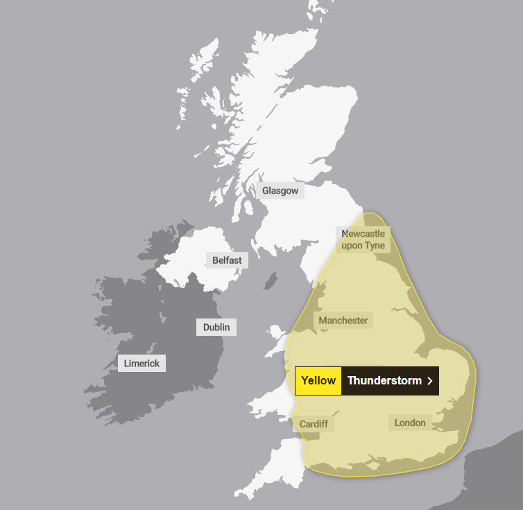 The Met Office has issued a Yellow thunder warning for today and Thursday