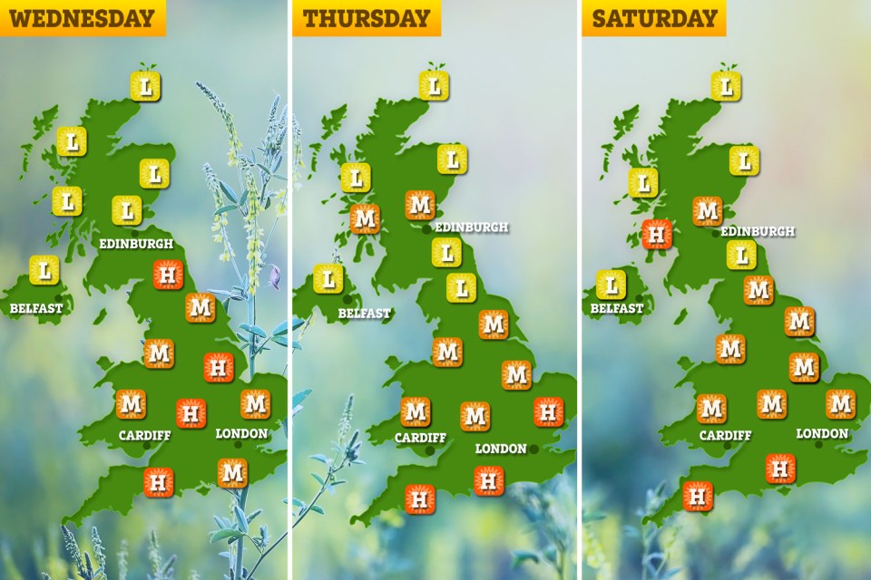 High pollen counts are set to hit parts of the UK this week