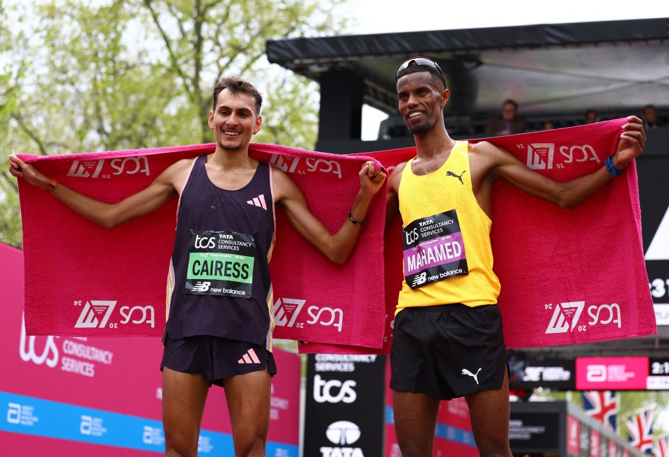 Third place Britain's Emile Cairess and fourth place Britain's Mahamed Mahamed pose after the men's elite race