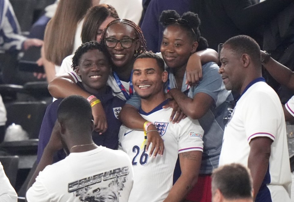 Kobbie Mainoo celebrates with his family after England’s Euro 2024 semi final win over the Netherlands