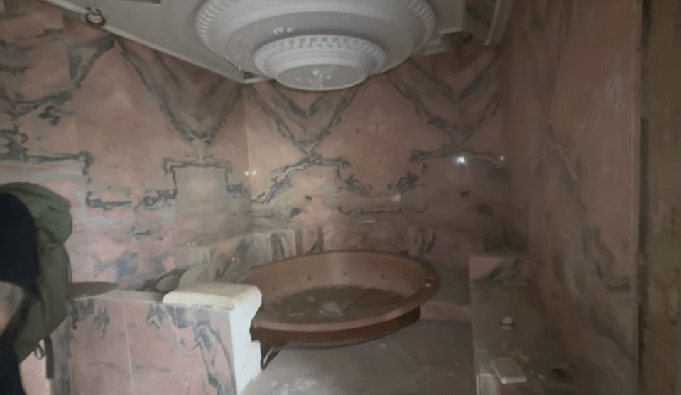 a bathroom with pink marble walls and a round sink