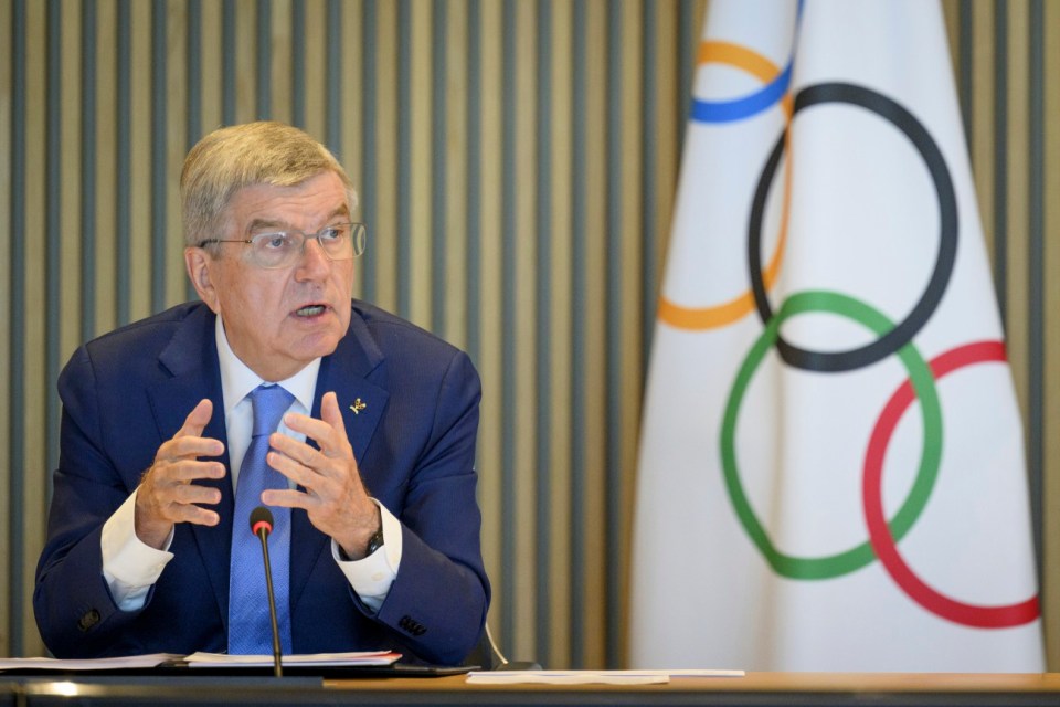 International Olympic Committee President Thomas Bach following discussions about the status of athletes from Russia and Belarus